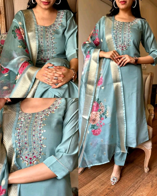 Embroidered Kurta With Printed Dupatta And pent