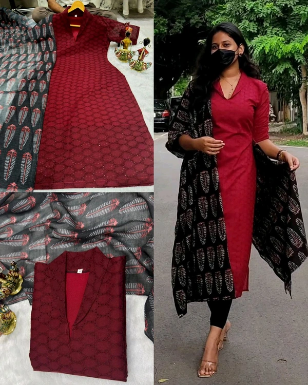Pretty hakoba kurta with matching Dupatta - Maroon, 3XL