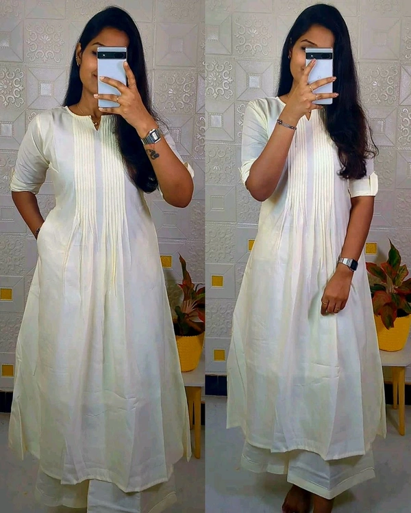 Nayanthara" mam casual wear outfit🥰 Co-ord set Aline top pattern paired with plazoo pant This casual outfit make premium - Off White, S