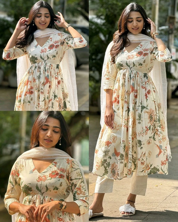 Beige Cotton Floral Printed Kurti With Pant & Dupatta Set - L