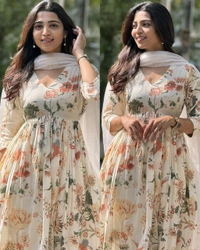 Beige Cotton Floral Printed Kurti With Pant & Dupatta Set - L