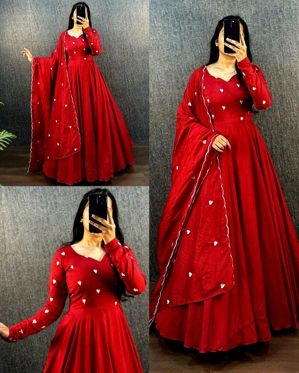 Trendy Valentine Heart Gown With Dupatta - Red, 3XL