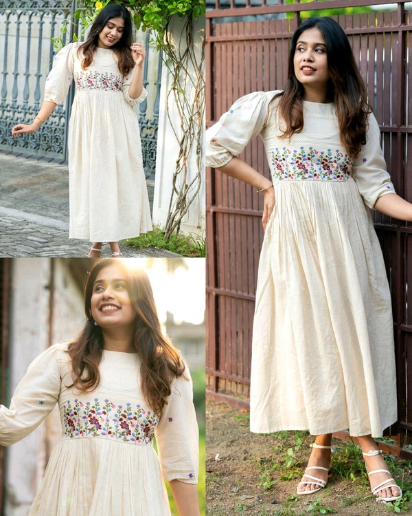 Off White Crochet Lace Work Cotton Anarkali Gown - XL