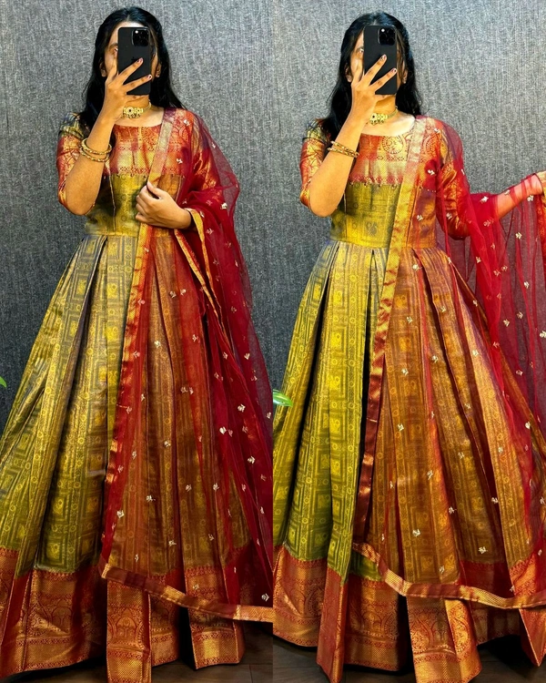 UPCOMING WEDDING SERIES GOWN WITH DUPPTA - Buddha Gold, M