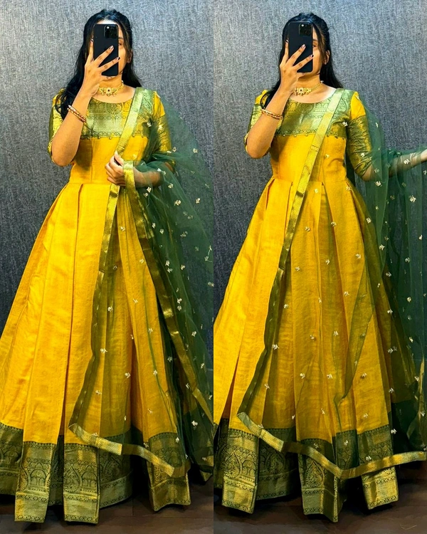 UPCOMING WEDDING SERIES GOWN WITH DUPPTA - Yellow, M