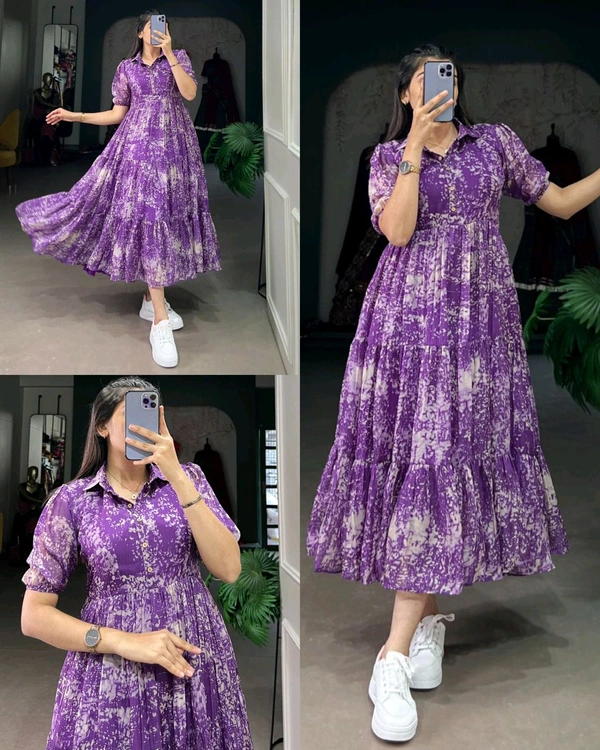 Fabulous Digitally Printed Shirt Collor Western Dress - Purple, M
