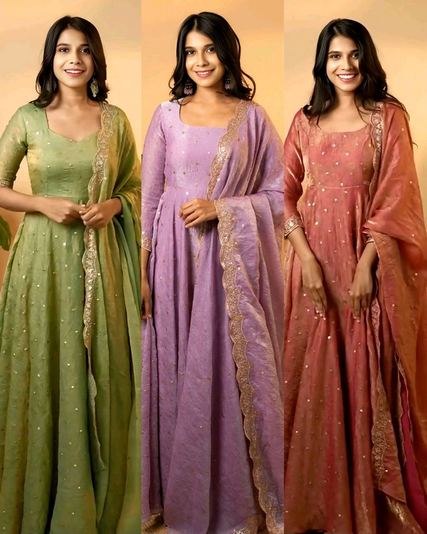 Party Wear Look Fancy Umbrella Gown,Dupatta & Bottom Set👗 - Pink Lace, Free Size