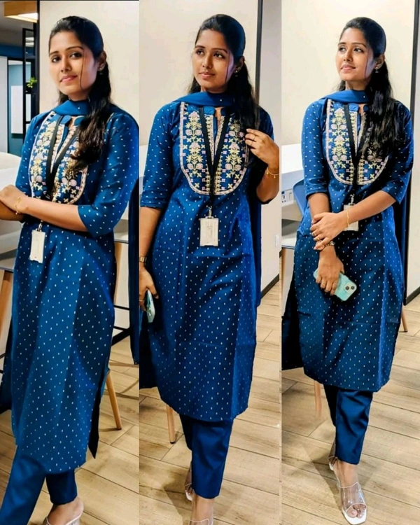 Embroidered Straight Kurta With Trouser & Dupatta - Blue, L