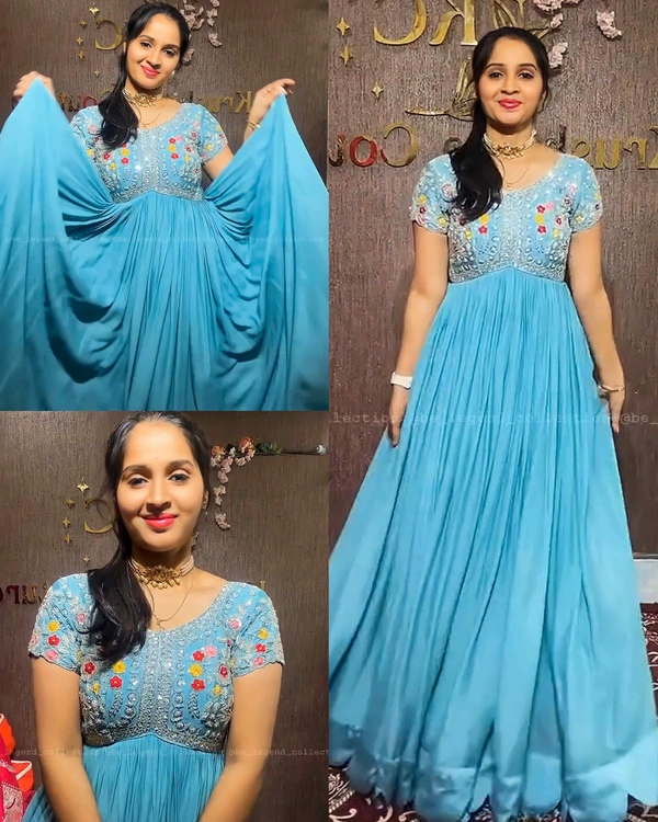 Aliya Cut Gown With Dupatta - L, Sky Blue