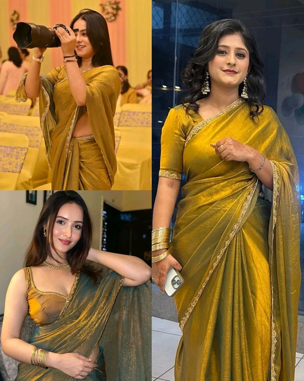 BARBARI SHINY STONE AND DIAMOND WORK SAREE WITH BLOUSE - Buddha Gold, Free Size