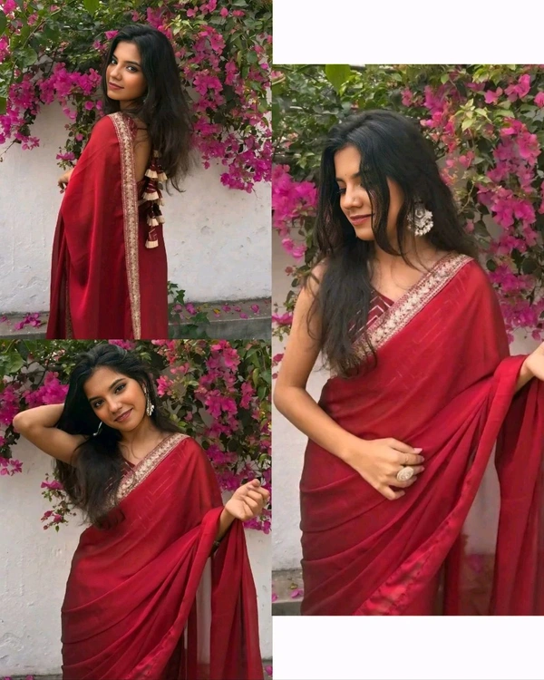 BARBARI SHINY STONE AND DIAMOND WORK SAREE WITH BLOUSE - Maroon, Free Size