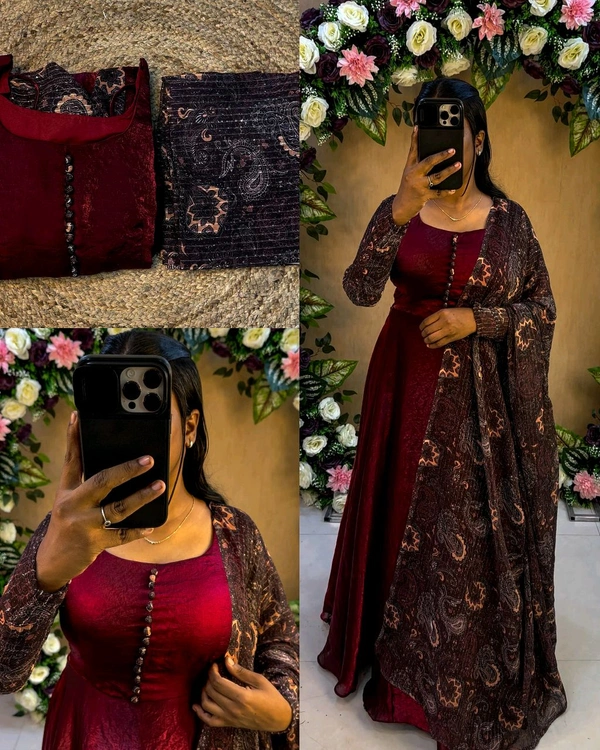 Space Silk Beautiful arrived for party wear gown with dupatta - 2XL, Maroon