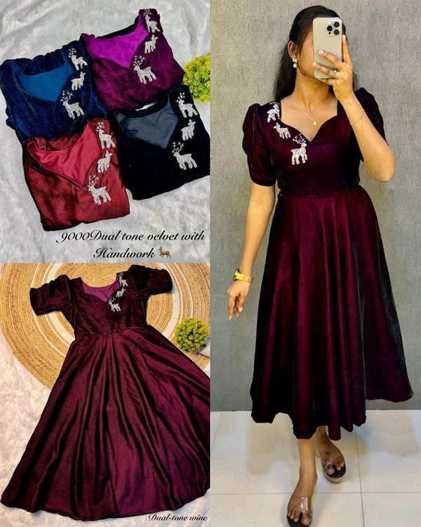 Launching New Designer party wear velvet midi gown - Wine, 2XL