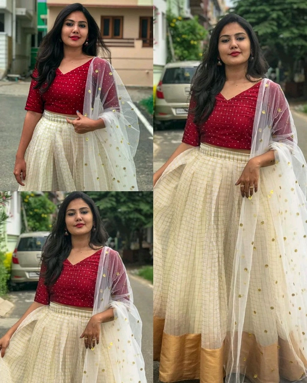Trendy Modern Womens Semi stitched cotton silk white & red color Designer - Semistitched