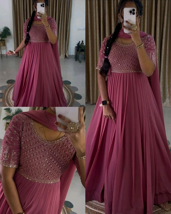 GEORGETTE SEQUENCE WORK GOWN WITH DUPATTA - Pink, XL