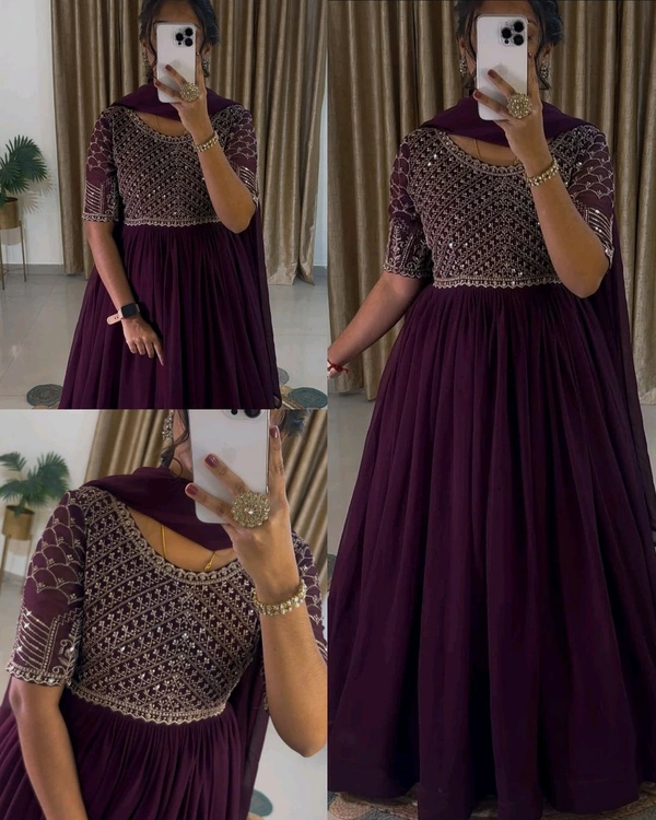 GEORGETTE SEQUENCE WORK GOWN WITH DUPATTA - Wine, XL