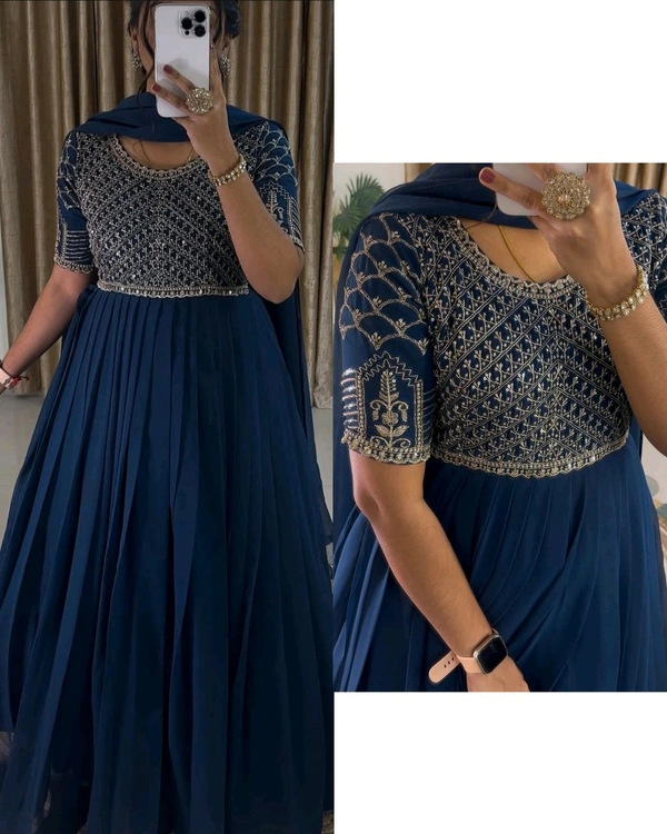 GEORGETTE SEQUENCE WORK GOWN WITH DUPATTA - Blue, 3XL