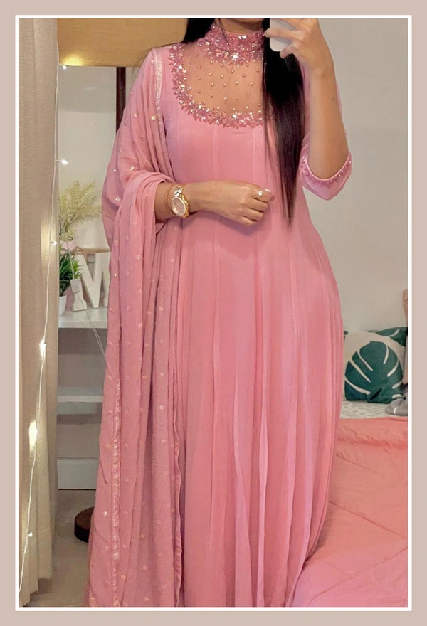 Attractive Gowns With Dupatta Without pant Gowns + Dupatta Neck - Net Sequence Work ! Without pant ! - XL