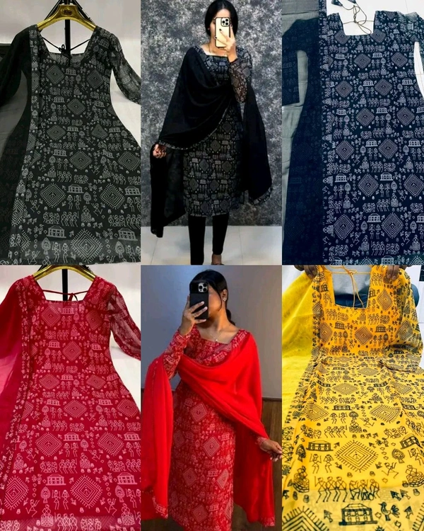 Village printed kurtis + dupata - M, Navy Blue