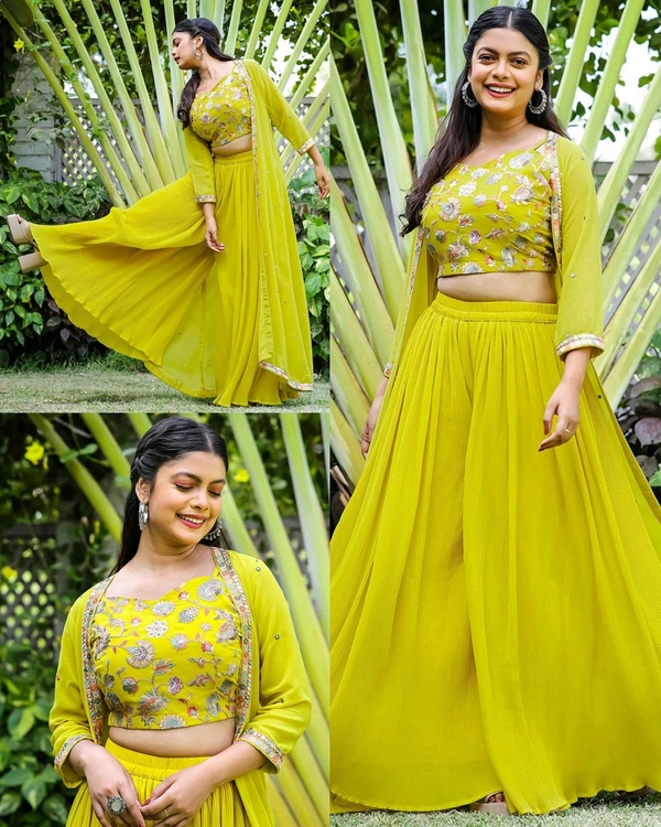 Embroidered Sleeveless Top & Palazzos With Shrug - XL
