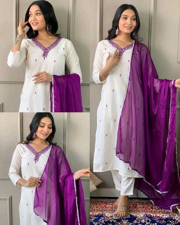 Elevate your wardrobe with this elegant Women’s Embroidered Straight Kurta with Pants & Dupatta Set - White, XL