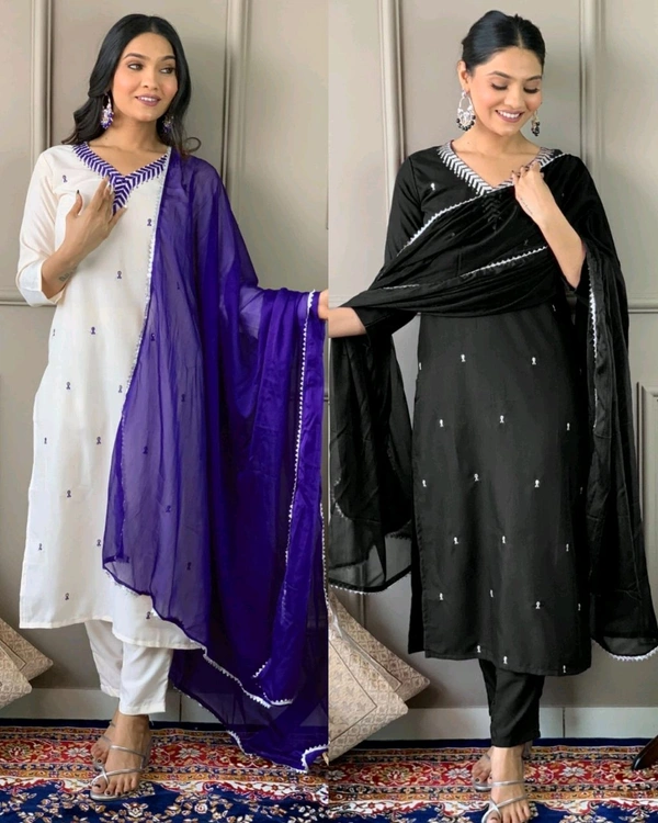 Elevate your wardrobe with this elegant Women’s Embroidered Straight Kurta with Pants & Dupatta Set - White & Kingfisher Daisy, XL