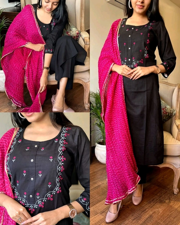 Trendy Women's Cotton Kurta Pant Set With Dupatta
- Black, S