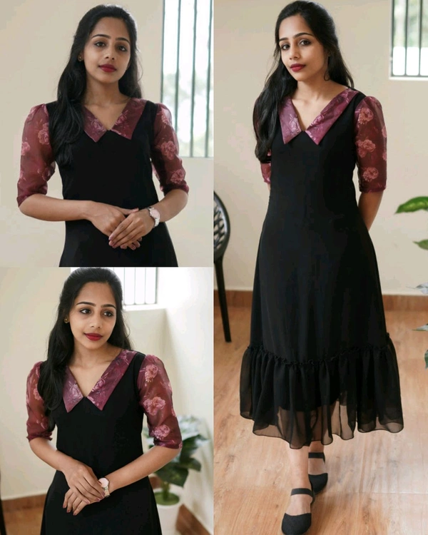 Black Flare Dress with Floral Sleeves - L