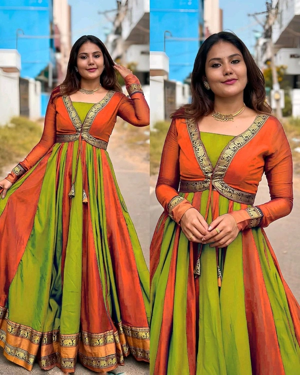 Introducing New Designer Removable Jacket Gown - L, Flush Orange & Green