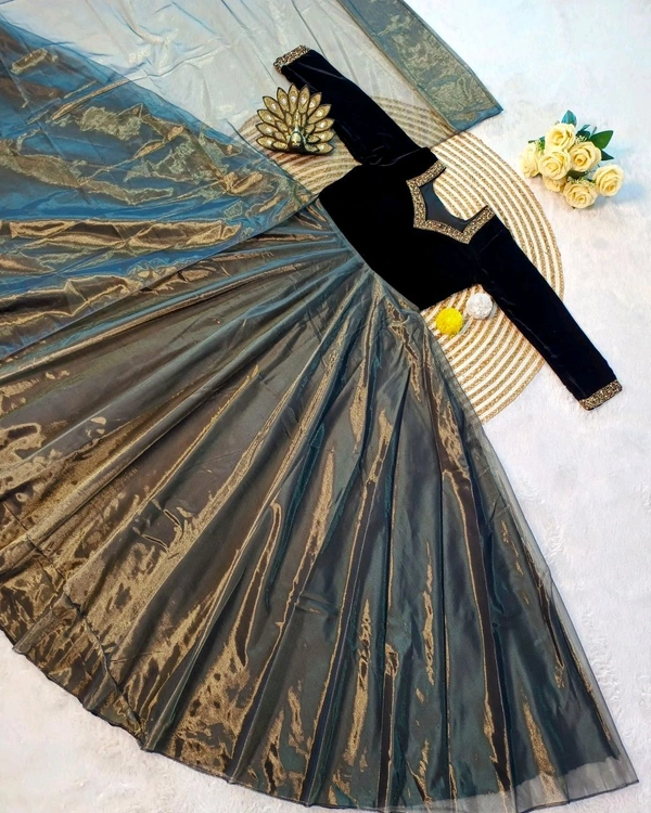A Beautiful Elegant Super Hit Collection, Designer 9000 Velvet With Hand Work Gown With Cut Work Duppata. - Mine Shaft, XL