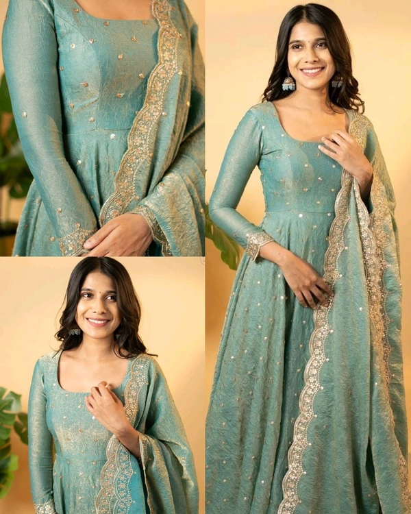 Party Wear Look Fancy Umbrella Gown & Dupatta - Teal, S