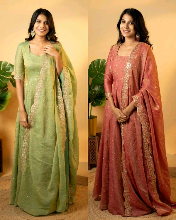 Party Wear Look Fancy Umbrella Gown & Dupatta - Pista, M