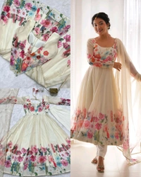 Launching this timeless and classic black floral printed organza anarkali suit set for the upcoming festivities and wedding season - Green, XS