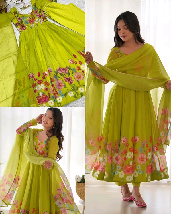 Launching this timeless and classic black floral printed organza anarkali suit set for the upcoming festivities and wedding season - Green, 2XL