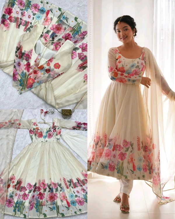 Launching this timeless and classic black floral printed organza anarkali suit set for the upcoming festivities and wedding season - White, S