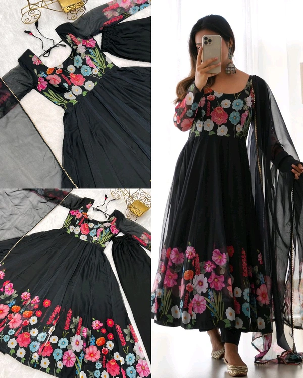 Launching this timeless and classic black floral printed organza anarkali suit set for the upcoming festivities and wedding season - Black, 3XL