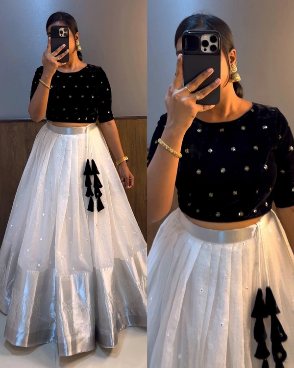 Beautiful Crop top + Skirt Lehenga - Black and  white, S