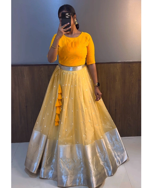 Beautiful Crop top + Skirt Lehenga - Yellow, M