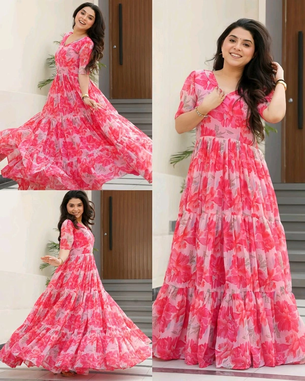 Party Wear Women's Fully Flair Gown Made With Faux Georgette - Wild Watermelon, 2XL