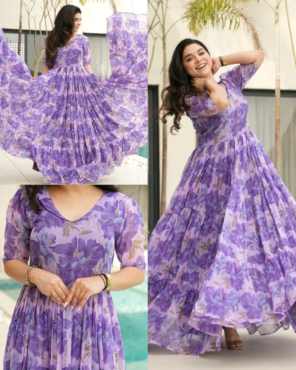 Party Wear Women's Fully Flair Gown Made With Faux Georgette - Heliotrope, XL