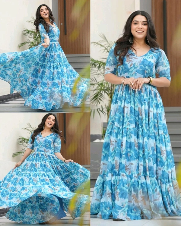 Party Wear Women's Fully Flair Gown Made With Faux Georgette - Sky Blue, 2XL