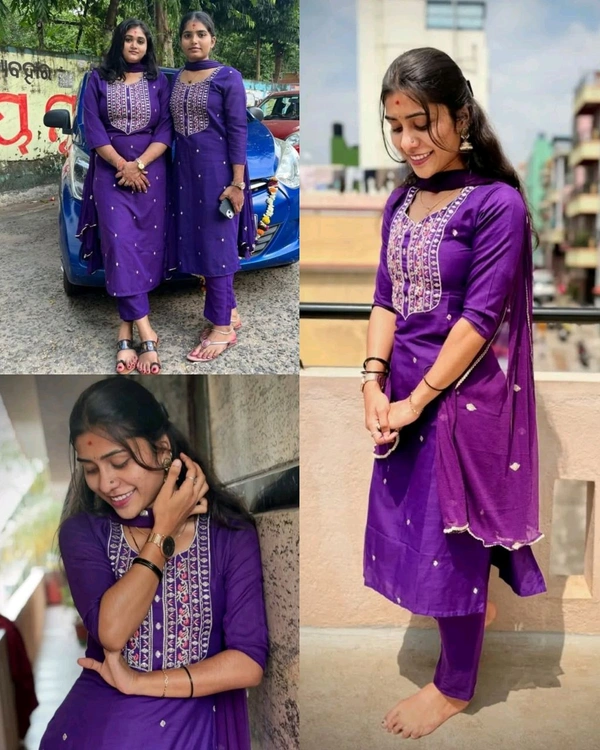 Women's Embroidered Straight Kurta With Pant & Dupatta - Pigment Indigo, 4XL