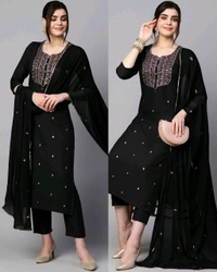 Women's Embroidered Straight Kurta With Pant & Dupatta - Pigment Indigo, XXS