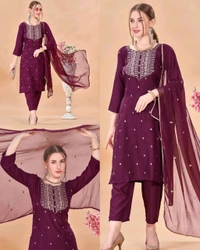 Women's Embroidered Straight Kurta With Pant & Dupatta - Pigment Indigo, XXS