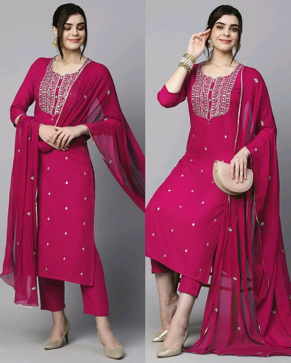 Women's Embroidered Straight Kurta With Pant & Dupatta - Blush, XXS
