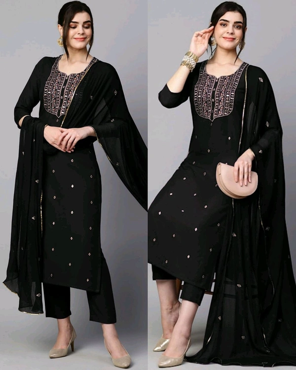 Women's Embroidered Straight Kurta With Pant & Dupatta - Black, 3XL