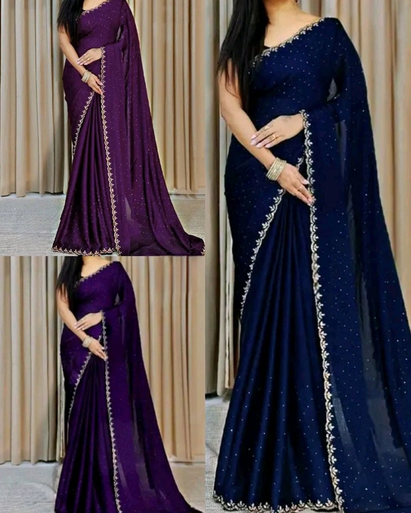 Trendy Party Wear Saree - Navy Blue, Free Size