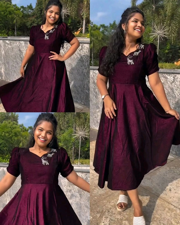 Party wear velvet Dear Aari work midi gown - wine, L