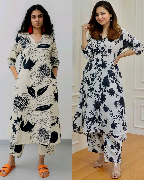 Women's Cotton Floral Printed Kurti And Pant Co-ords Set - White, 3XL