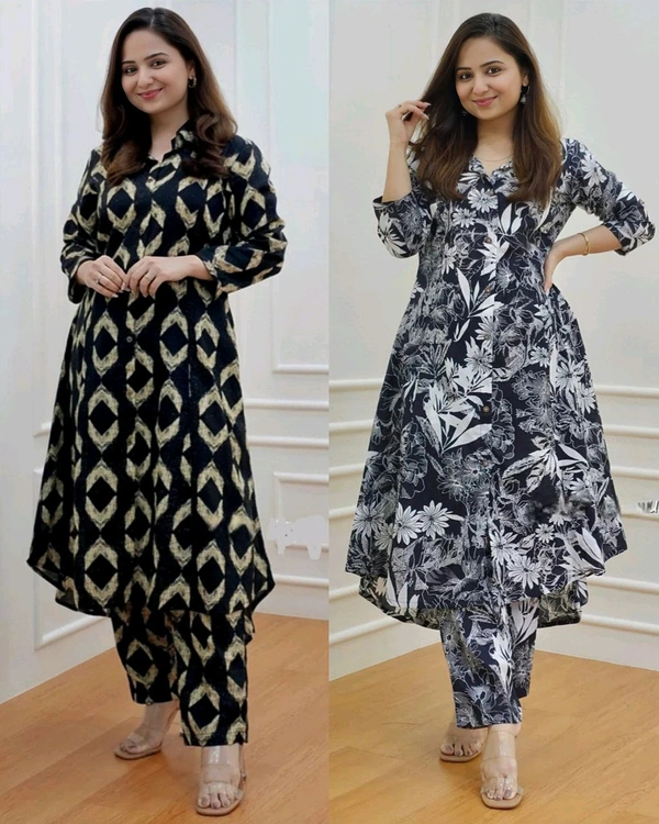 Women's Cotton Floral Printed Kurti And Pant Co-ords Set - Black & Design, L